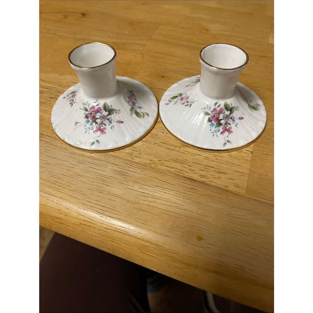 Vintage Royal  Grafton White Floral Porcelain 2”w Candle Holders with Gold Trim